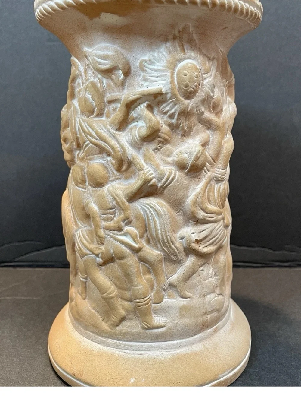 Italian Terracotta Vase Roman Gladiator  Relief Carving White Powder Patina
